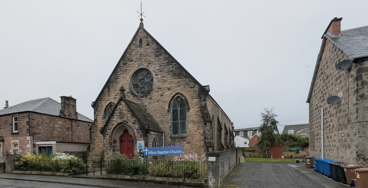 Alloa Baptist Church on Ludgate, with the blue church sign in the foreground